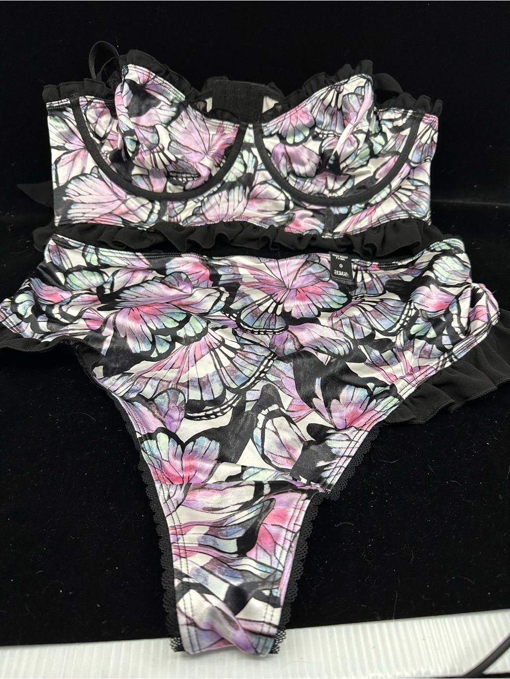 Torrid-Floral Butterfly Print Lingerie Set - Black and Pastel
